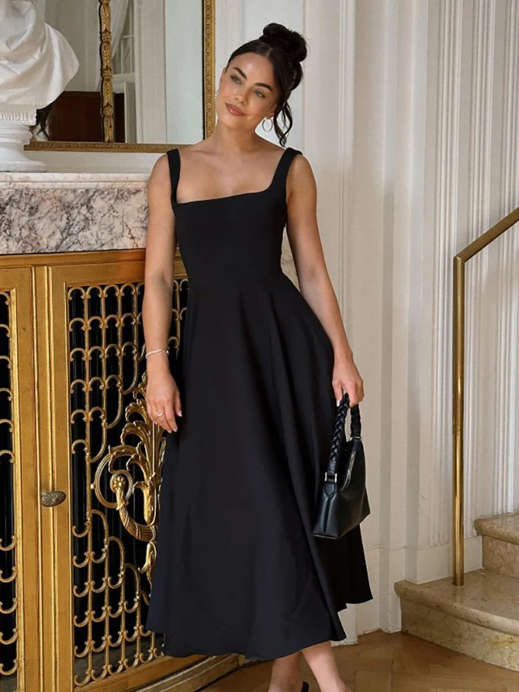 Fantoye-vestido maxi colarinho quadrado feminino, pulseira de espaguete preta, cintura alta, fino e elegante, roupa de festa sexy, outono