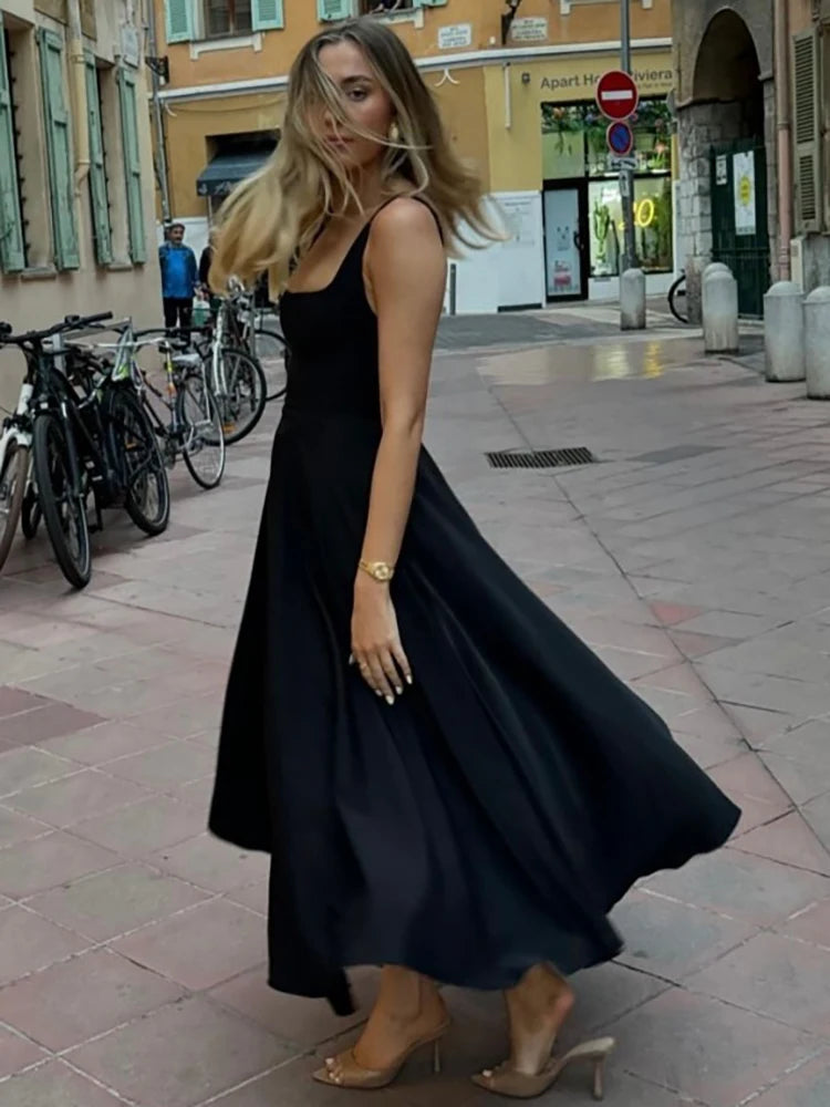 Fantoye-vestido maxi colarinho quadrado feminino, pulseira de espaguete preta, cintura alta, fino e elegante, roupa de festa sexy, outono
